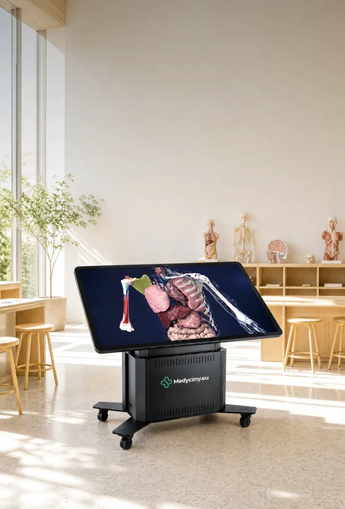 Studentka korzystająca z interaktywnego stołu anatomicznego 3D